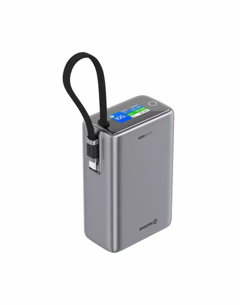 SWISSTEN POWER BANK FOR TRAVELING 25000 mAh (96.25Wh) 100W WITH BUILT-IN USB-C CABLE GREY