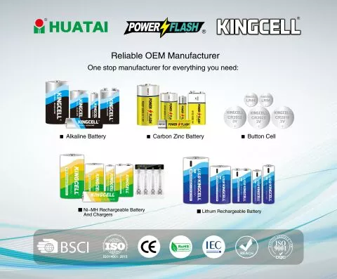 Alkaline battery, Carbon zinc battery, Lithium battery, Button cell battery, Rechargeable battery