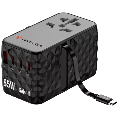 Charge 'n' Travel GaN III Universal Travel Adapter 85W with integrated cable