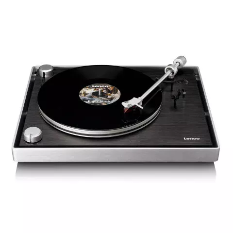 Lenco L-455BK record player with visible belt drive, brushed aluminium frame and Ortofon 2M RED cartridge