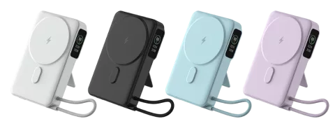 10000mAh PD Magnetic wireless power bank with TFT screen, integrated cable and foldable stand