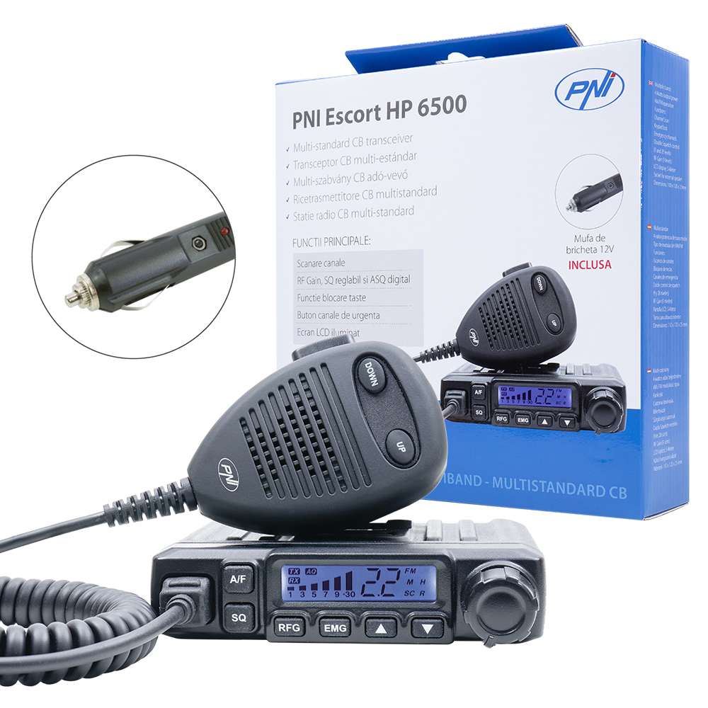 PNI Escort HP 6500 CB radio station, multistandard, 4W, AM-FM, 12V, ASQ, RF Gain, cigarette lighter plug included AM/FM switch only in the EU band