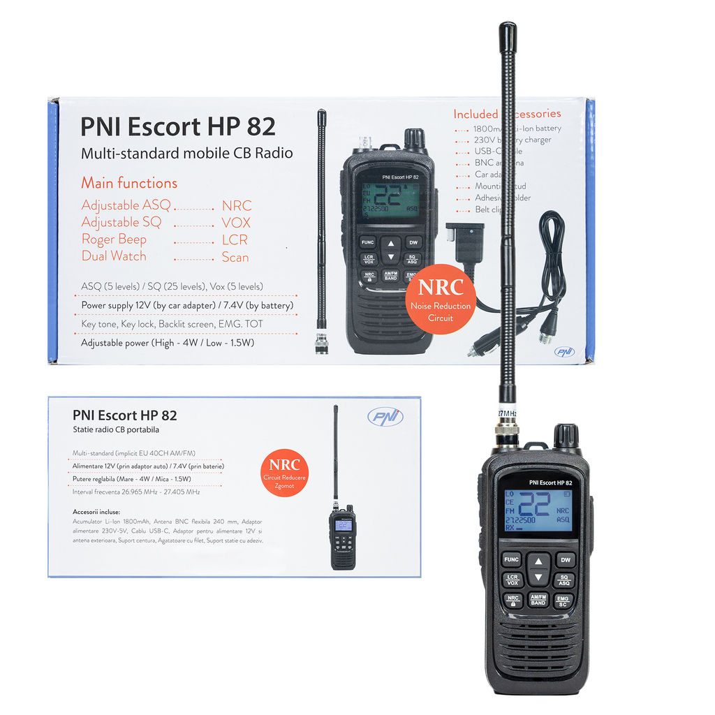 Portable CB radio station PNI Escort HP 82, multi standard, 4W, 12V, AM-FM, NRC, Dual Watch, Roger Beep, adjustable ASQ SQ, VOX