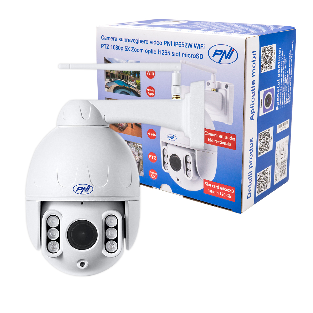 Video surveillance camera PNI IP652W WiFi PTZ 1080p 2MP 5X Optical zoom H265 microSD slot Night Vision 50m IP66 Motion detection alarm Bidirectional audio communication