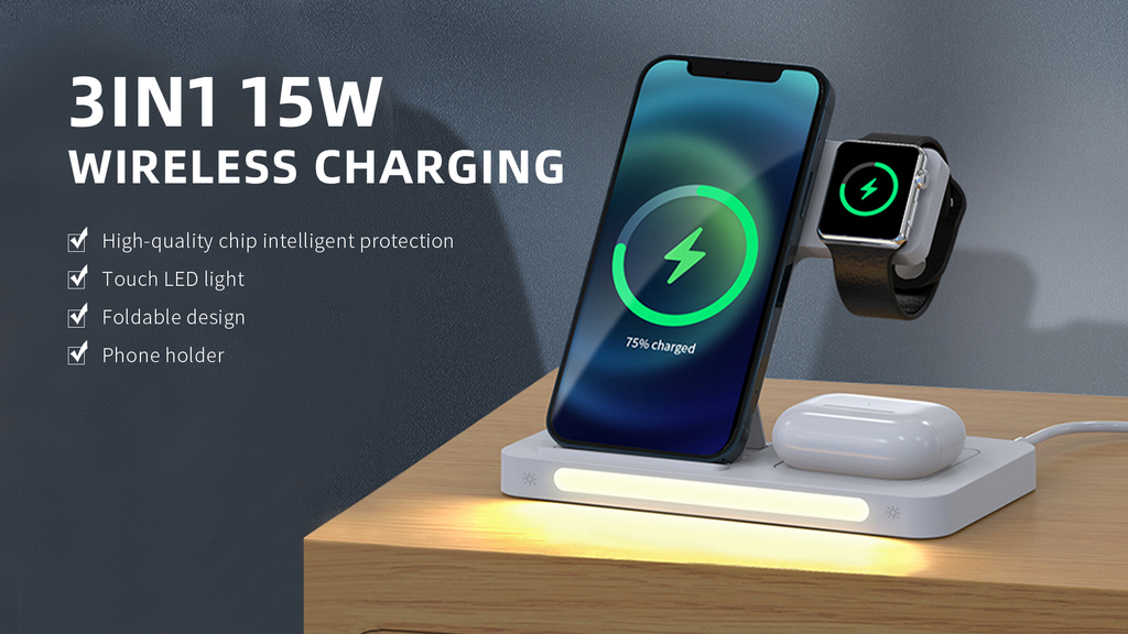 M1026Q  3IN1 Foldable Wireless charger with touch nightlight