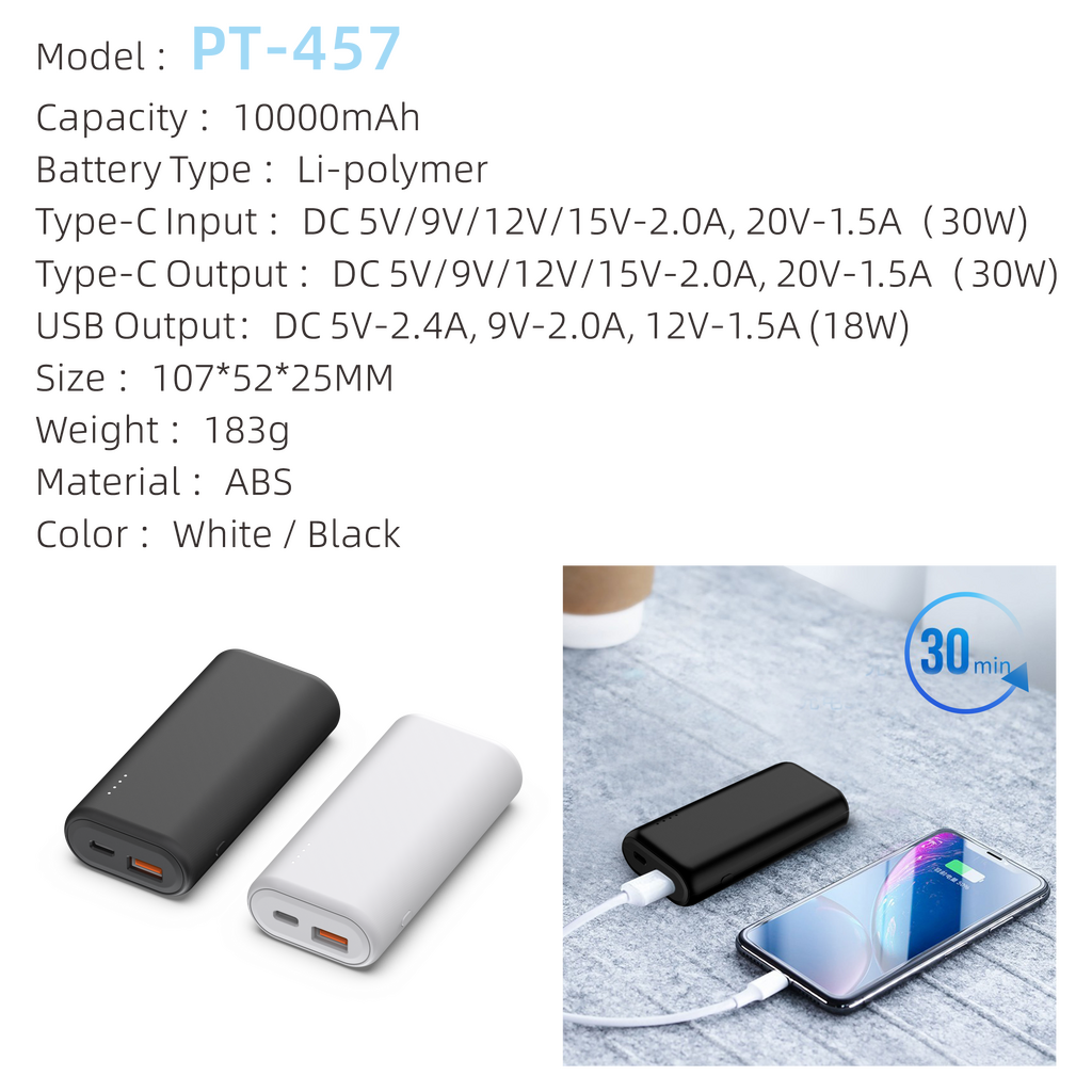 PT-457 - 10000mAh quick 30W compact laptop power bank