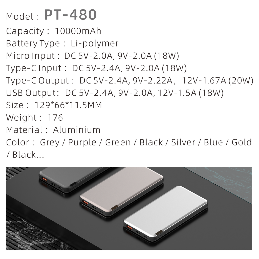 PT-480 - 10000mAh fast charge 20W metal compact power bank