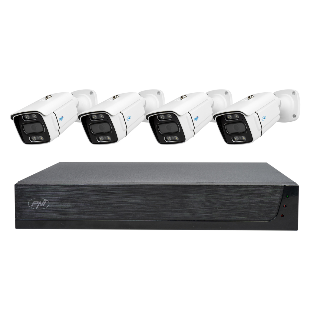 CCTV PNI House IPMAX POE 3 video surveillance kit, NVR with 4 POE ports, ONVIF and 4 cameras with 3MP IP, outdoor, Power over Ethernet, chip detection, motion detection, 4 cables, power supply, mouse