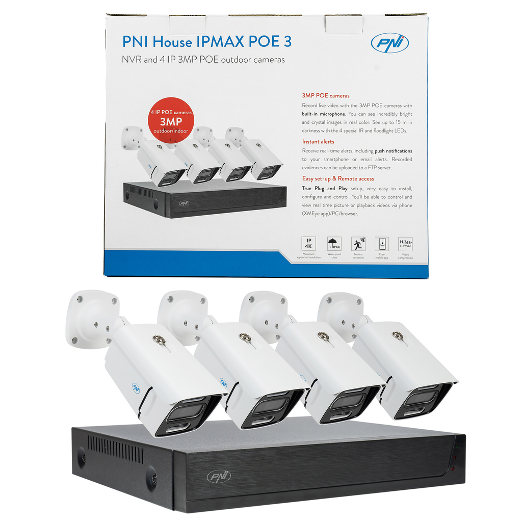 CCTV PNI House IPMAX POE 3 video surveillance kit, NVR with 4 POE ports, ONVIF and 4 cameras with 3MP IP, outdoor, Power over Ethernet, chip detection, motion detection, 4 cables, power supply, mouse