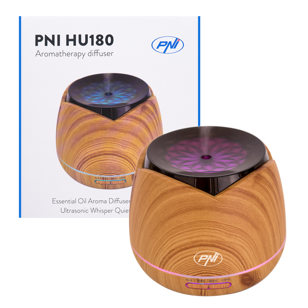 PNI HU180 aromatherapy diffuser for essential oils, ultrasound, 400 ml, timer, 7 colors LED, automatic closing, Wood Grain