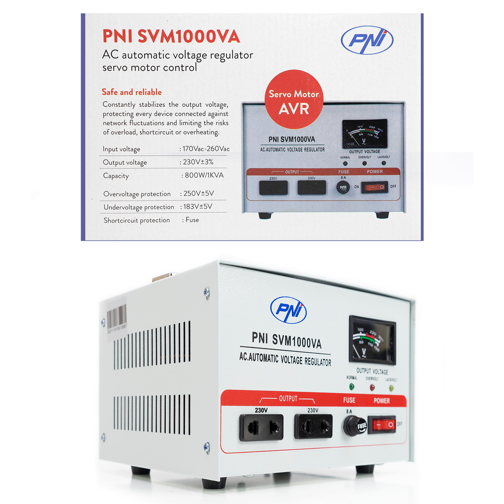 PNI SVM1000VA voltage stabilizer with servomotor, 800W, 3.6A, 230V output