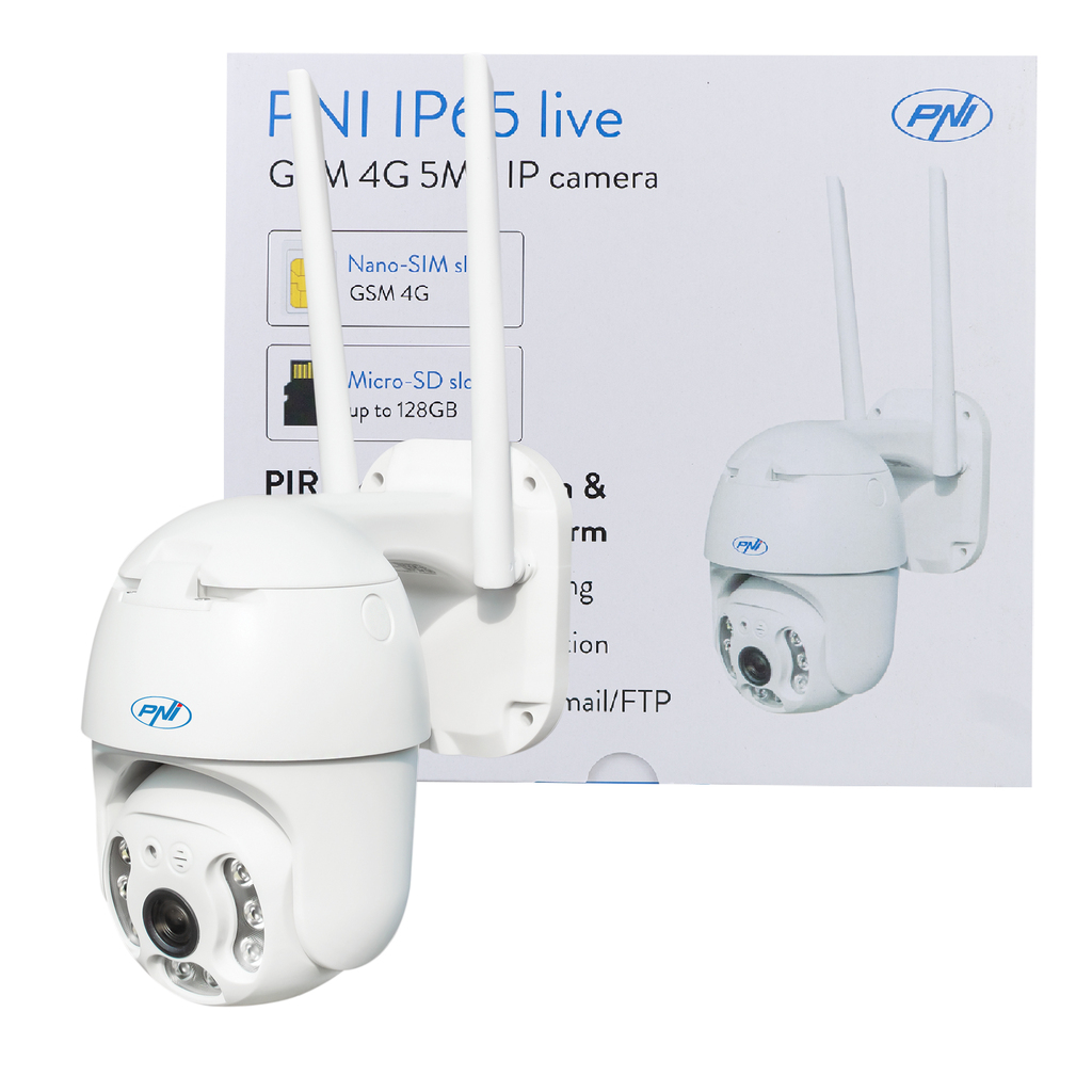 PNI IP65 live PTZ 5MP video surveillance camera CCTV, GSM 4G, micro SD card slot, motion detection, human silhouette detection, outdoor IP66, IR LEDs and white LEDs