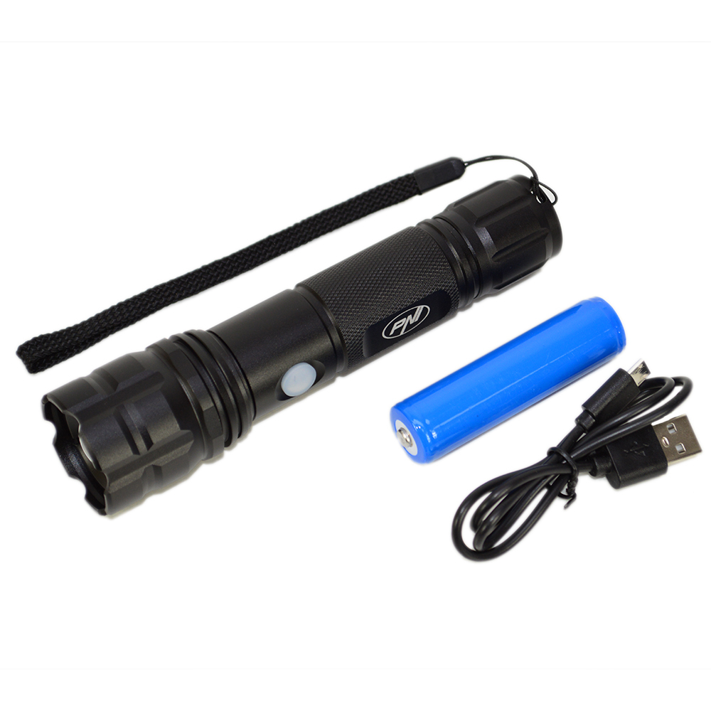 PNI Adventure F10 aluminum flashlight with 1x6W led, 500lm up to 200m focus, with battery and micro USB port