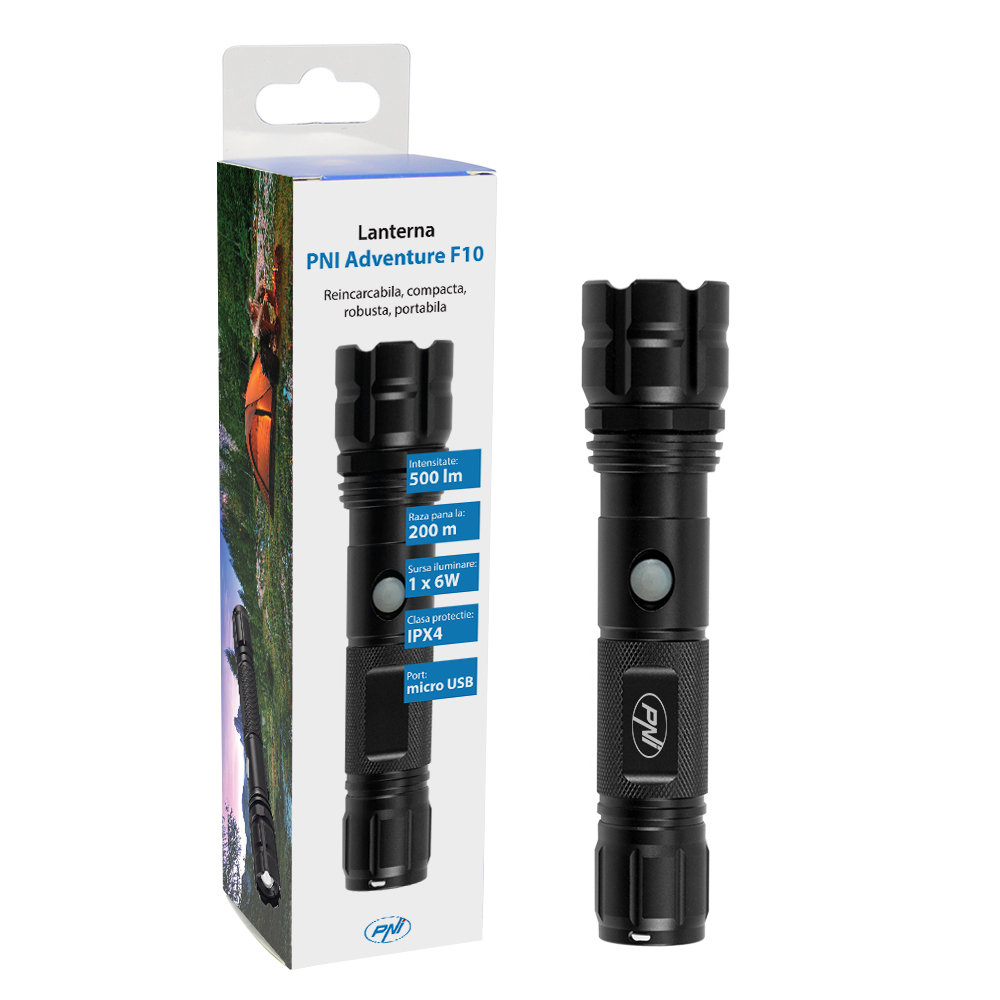 PNI Adventure F10 aluminum flashlight with 1x6W led, 500lm up to 200m focus, with battery and micro USB port