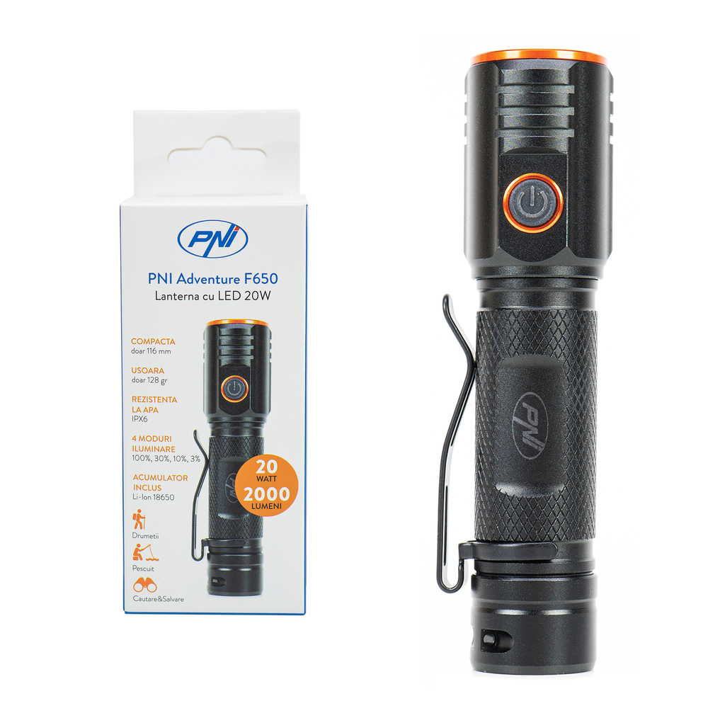 PNI Adventure F650 LED flashlight with 20W LED, 2000lm, aluminum, IPX6, battery included, USB C type charging