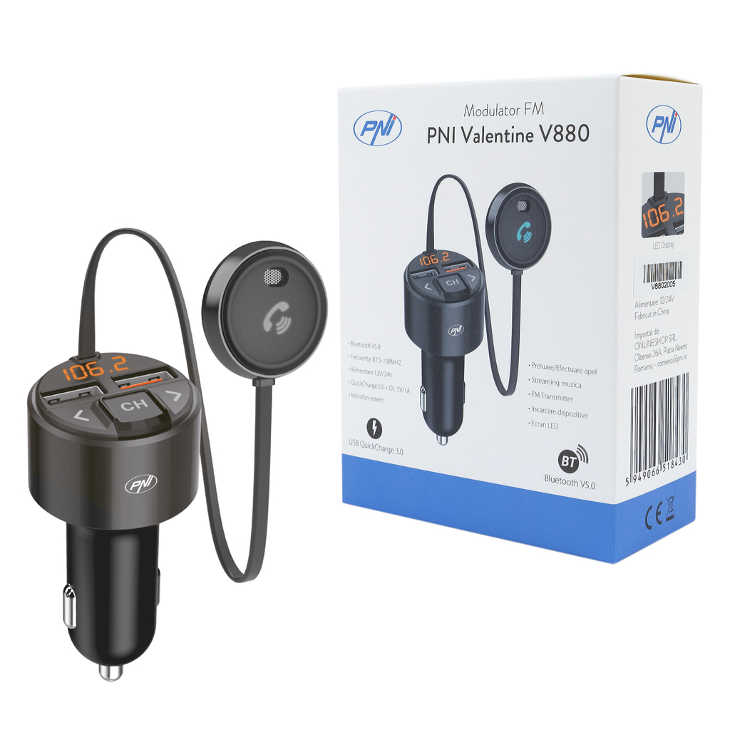 FM PNI Valentine V880 modulator with microphone, Bluetooth 5.0, MP3 player, FM transmitter, dual USB port, fast charging mobile devices through QC3.0, compatible with Siri and Google Assistant