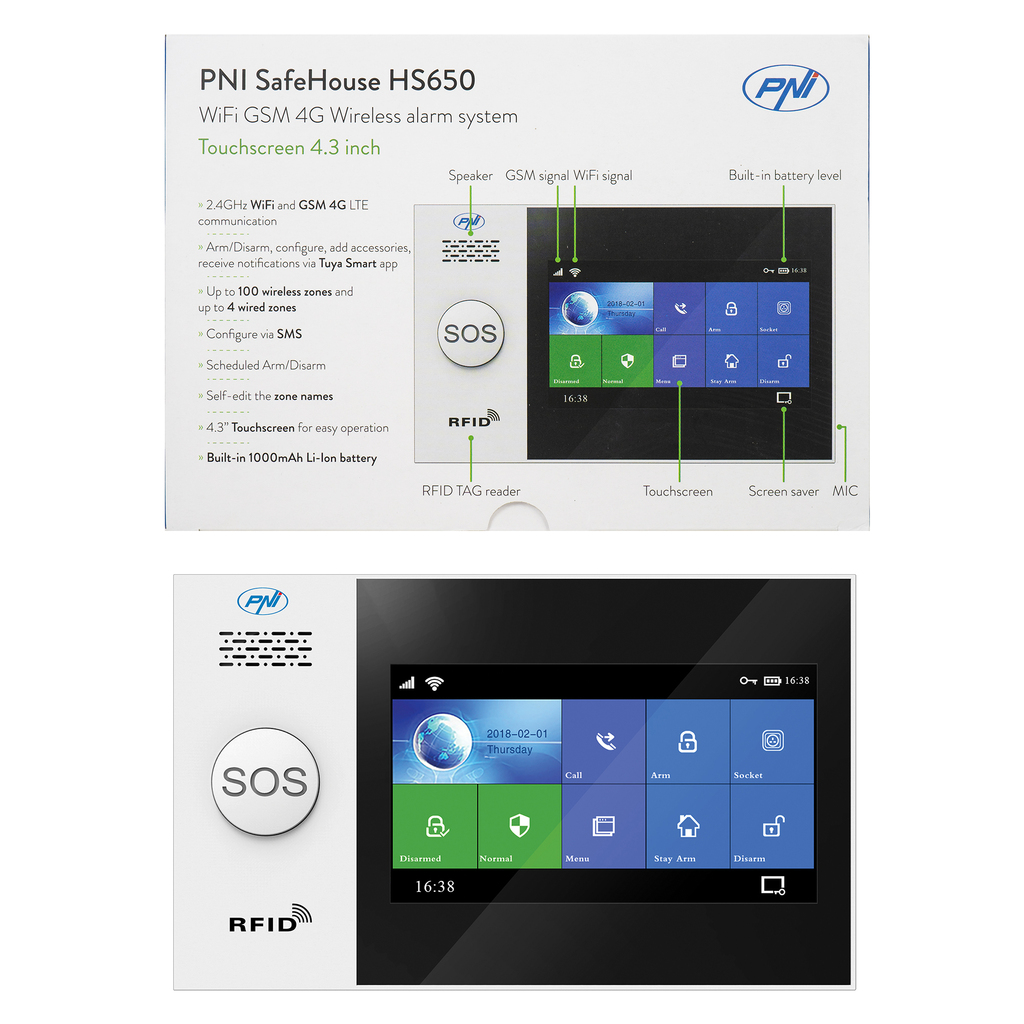 PNI SafeHouse HS650 Wifi GSM 4G wireless alarm system, with touch screen, supports 100 wireless zones and 4 wired zones, compatible with Tuya Smart application, SMS alert, voice call, phone notification