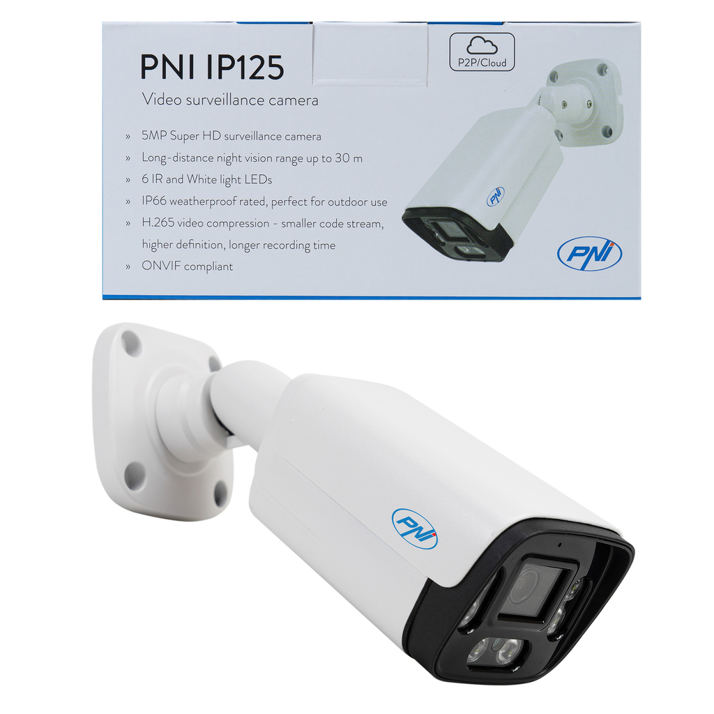 PNI IP125 video surveillance camera with IP CCTV, 5MP, H.265, ONVIF, outdoor and indoor IP66, human detection, motion detection