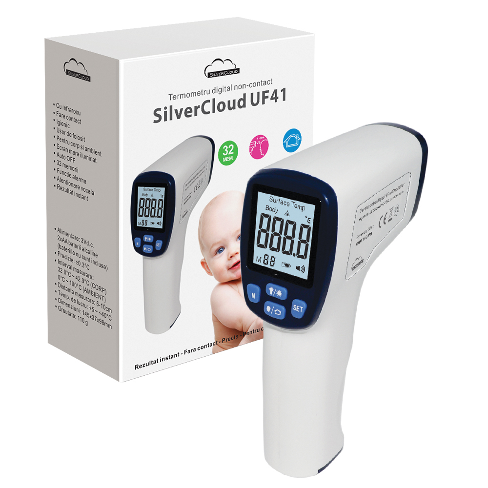 SilverCloud UF41 digital thermometer with infrared, non-contact, body and surface technology, with voice alert