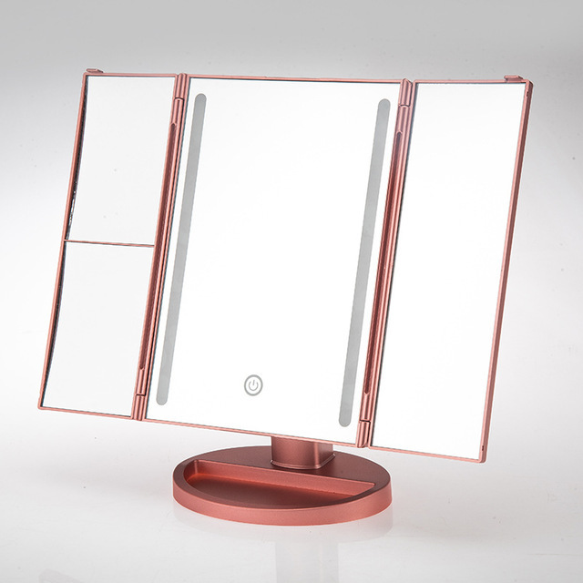 Impressions Vanity Trifold Vanity Mirror with Lights, 3X 2X Magnifying Mirror with Adjustable LED Lights, Iron Framed Lighted Makeup Mirror for Desk Decor (Rose Gold)