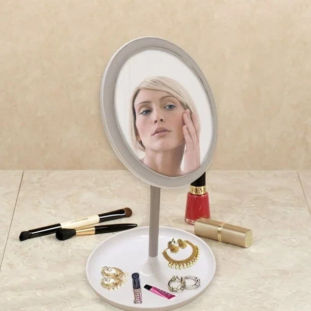 LED Makeup Mirror Touch Screen With accessory/Jewelry Tray, 6.5 wide Mirror USB Plug Included White Traveling Mirror Folds