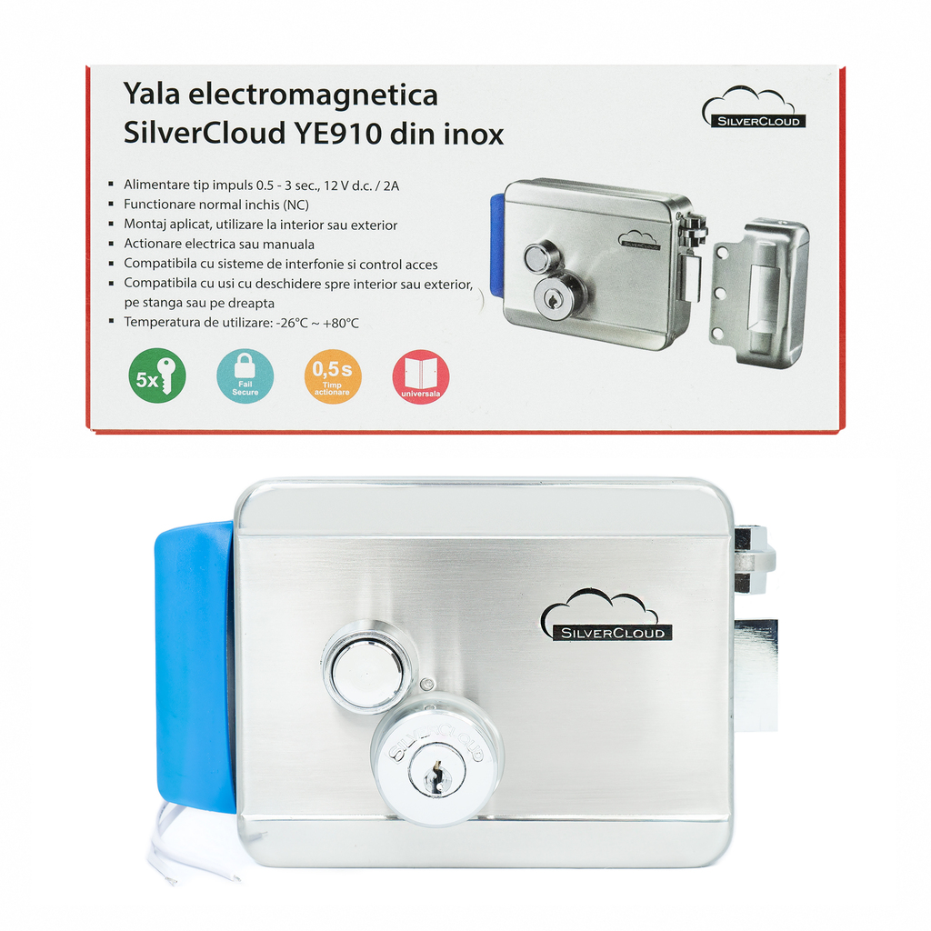 SilverCloud YE910 electromagnetic door lock, 12V, stainless steel, with double hub and button, Fail Secure NO, compatible with access control systems