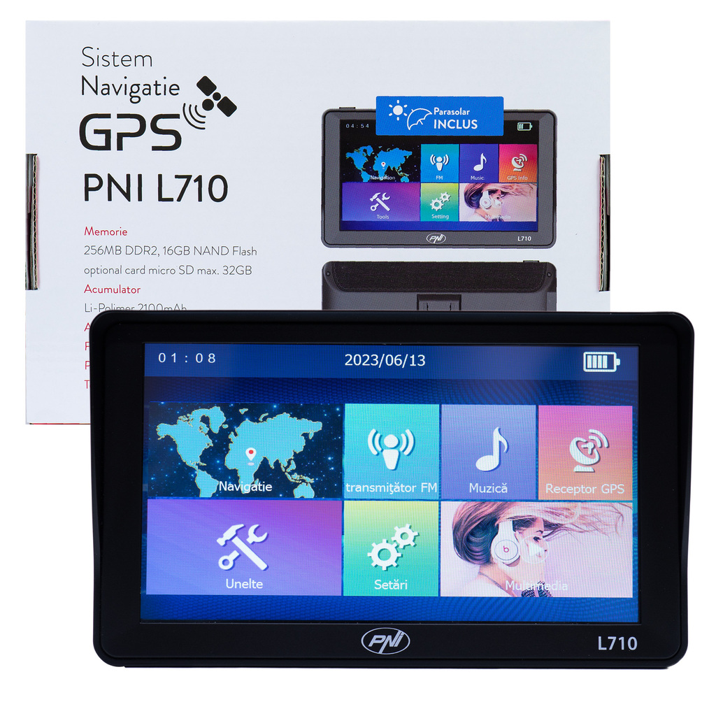 PNI L710 GPS navigation system with sunshade, 7 inch screen, 800 MHz, 256MB DDR, 16GB internal memory, FM transmitter