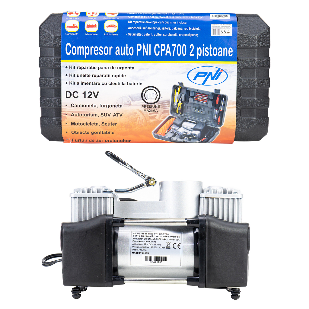 Compressor PNI CPA700 double piston and tire repair kit, 12V, 25A