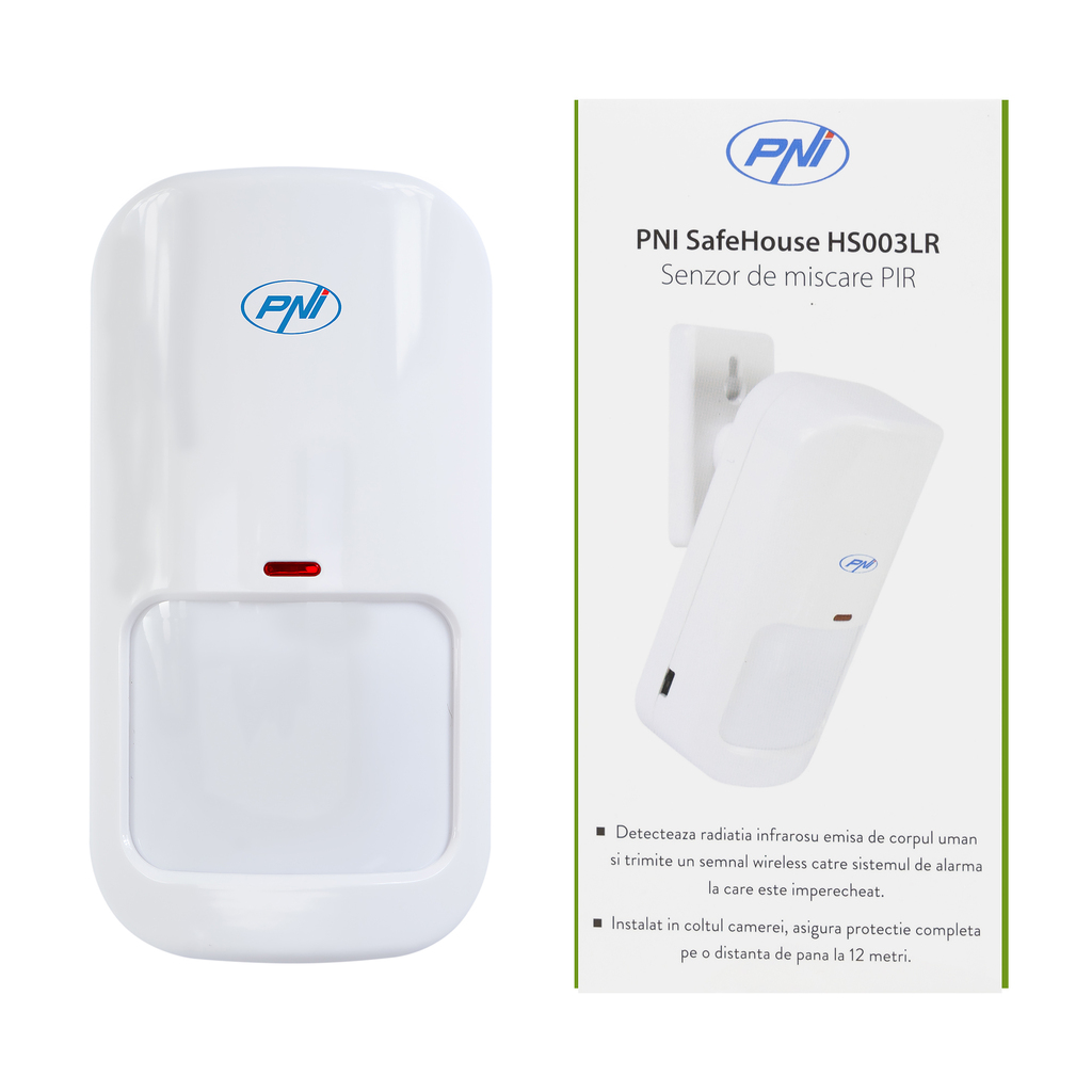 Wireless PIR motion sensor, adjustable sensitivity, two operating modes (test and normal), power supply 3 AA batteries (included).