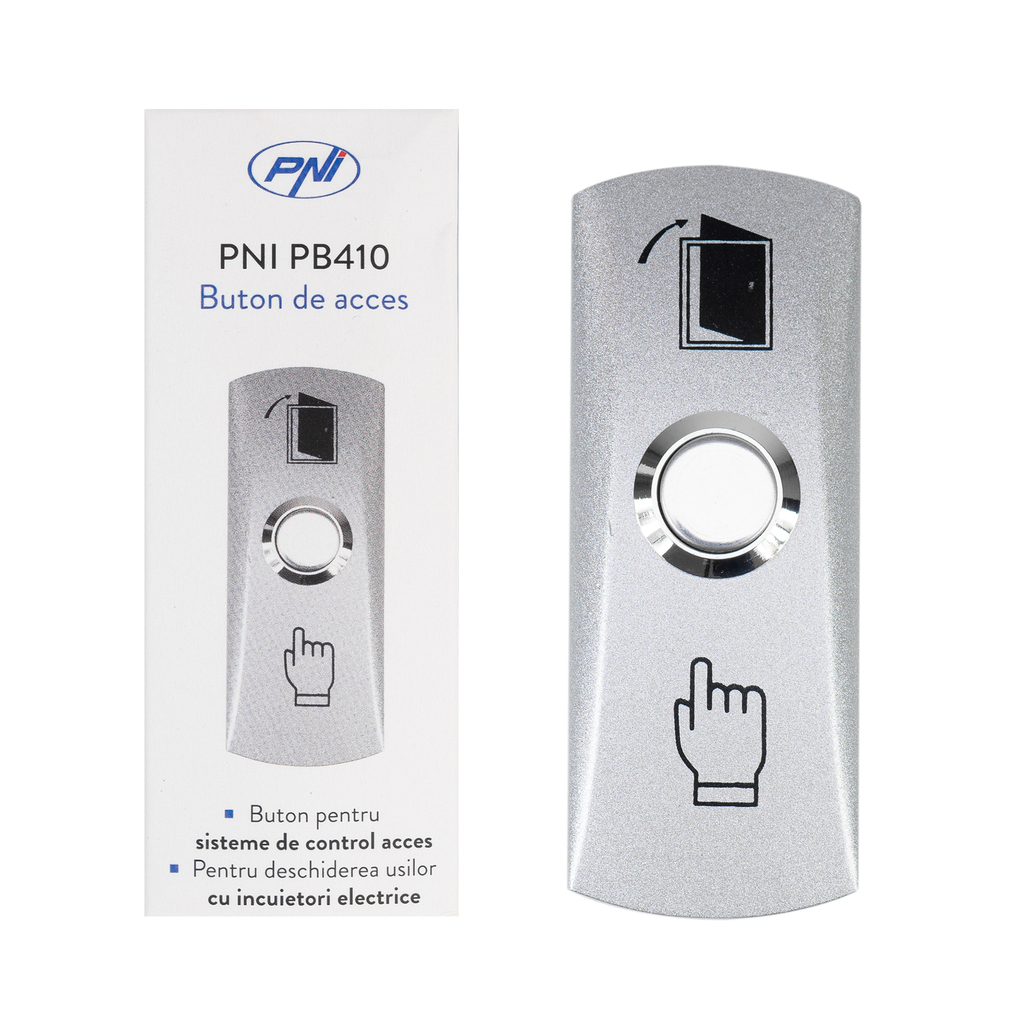 PNI door release button PB410, 12V Power Supply, max. 3A, NO/COM Output Contact, zinc Alloy, Silver