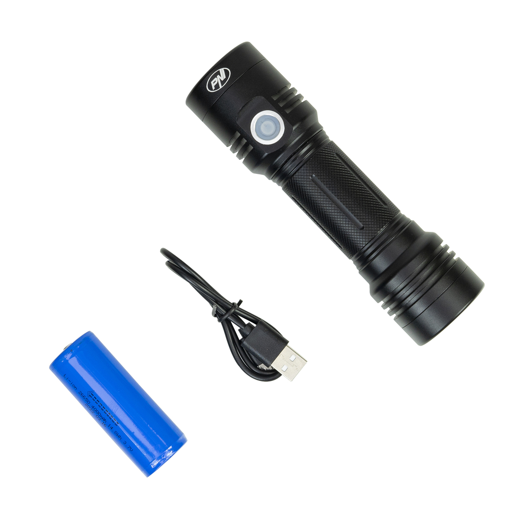 Aluminum PNI Adventure F200 dual LED flashlight, 4000mAh battery and micro USB port, 3 LEDs with large aperture and one with focus, both have 3 power levels