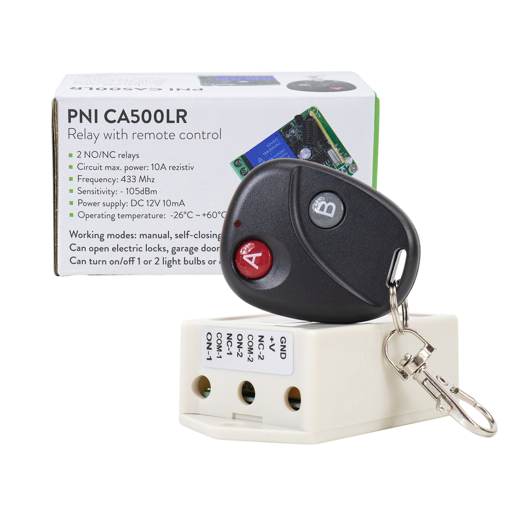 Relay with PNI CA500LR remote control for controlling 1 or 2 garage doors, gates, barriers, 2 relays, 12V power supply