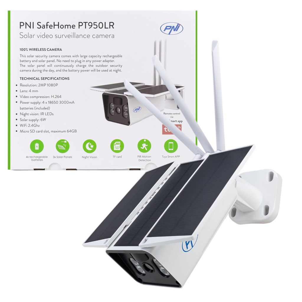 PNI SafeHome PT950LR 1080P video surveillance camera with 6W solar panel, WiFi, battery, control via Tuya Smart application, integration in scenarios and smart automation with other Tuya compatible products