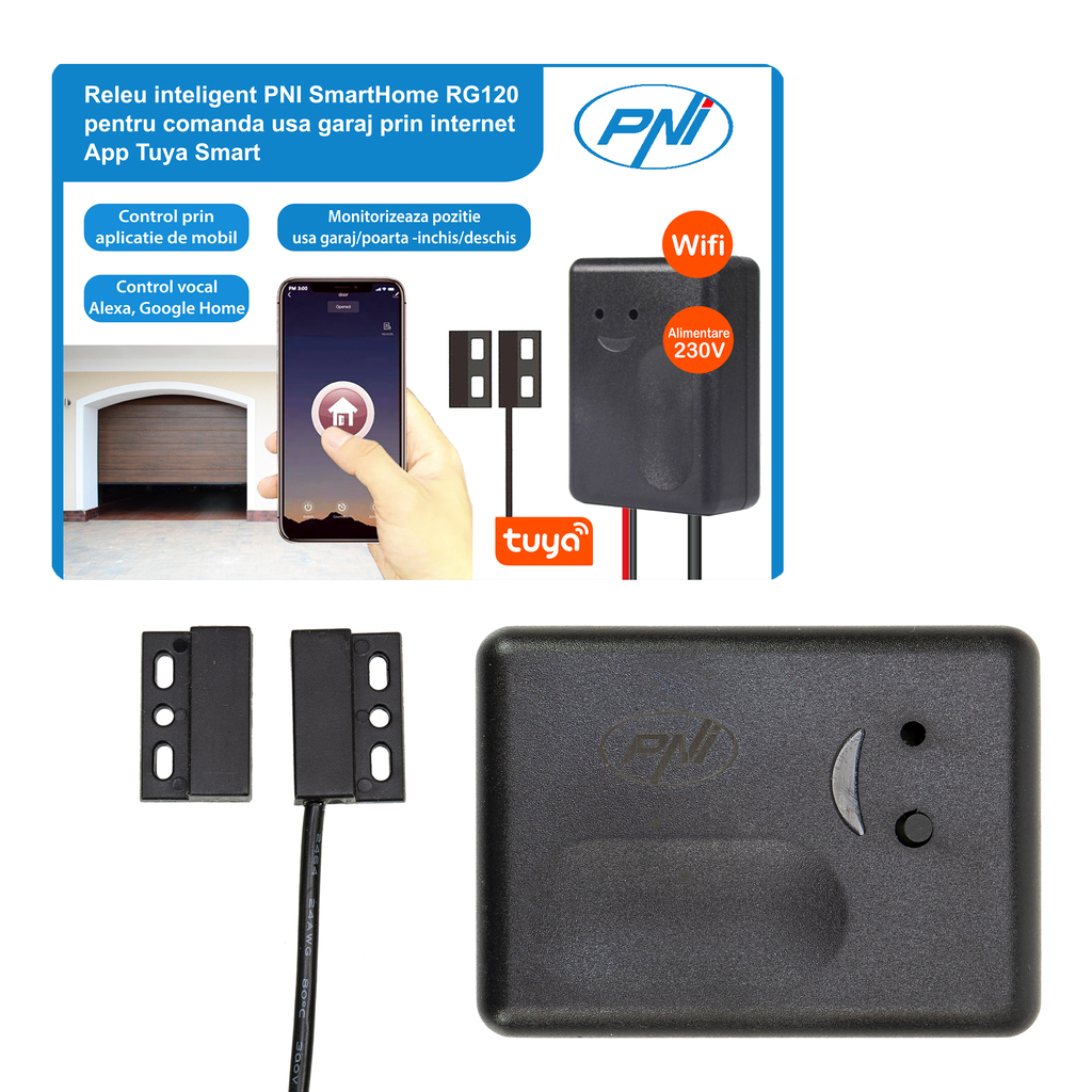 PNI SmartHome RG120 WiFi smart relay for garage door / motorized door opening control via Internet with Tuya Smart App, Amazon Alexa and Google Home compatible