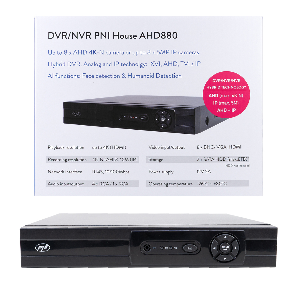 DVR/NVR PNI House AHD880, 8 analog channels 4K-N or 8 IP channels 5MP, H265+, audio input, audio output, USB2.0, 2 x SATA max 8TB