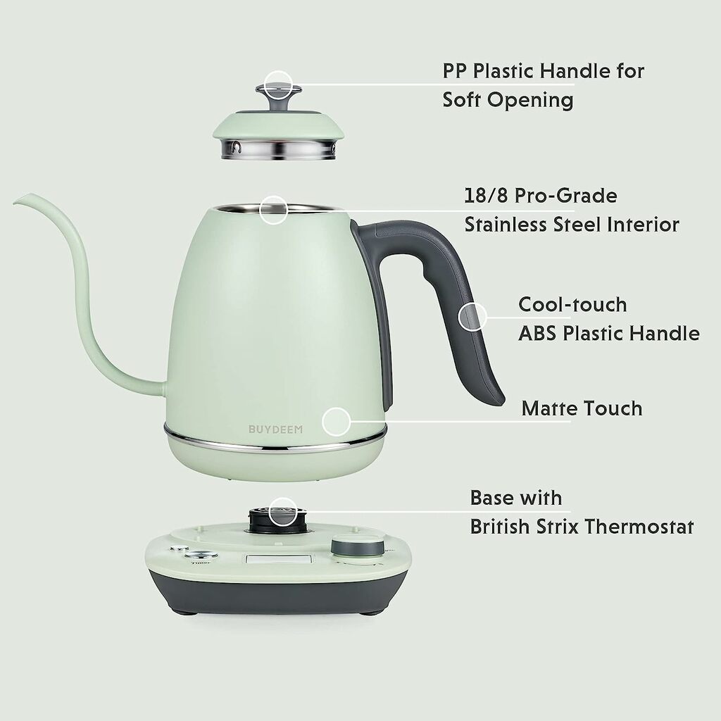 BUYDEEM K821 Electric Gooseneck Kettle with Variable Temperature Control, Pour Over Coffee Tea Kettle, Durable 18/8 Stainless Steel, Auto Keep Warm & Built in Brewing Timer, 0.8L