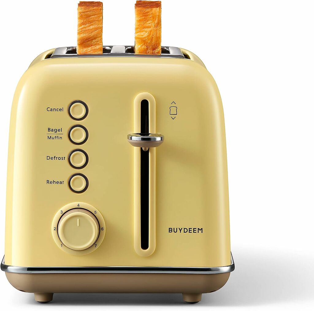 BUYDEEM DT620 2-Slice Toaster, Extra Wide Slots, Retro Stainless Steel with High Lift Lever, Bagel and Muffin Function, Removal Crumb Tray, 7-Shade Settings (Mellow Yellow)