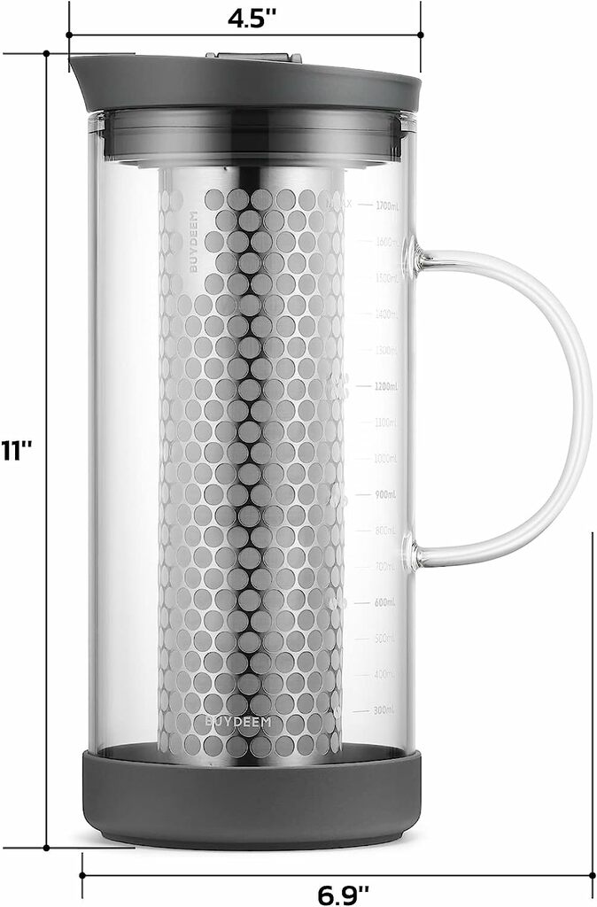 BUYDEEM Cold Brew Coffee and Tea Maker, 57oz Large Capacity Borosilicate Glass Pitcher with and Removable 18/8 Stainless Steel Brewing Mesh Filter, Dishwasher Safe (Ink Gray)