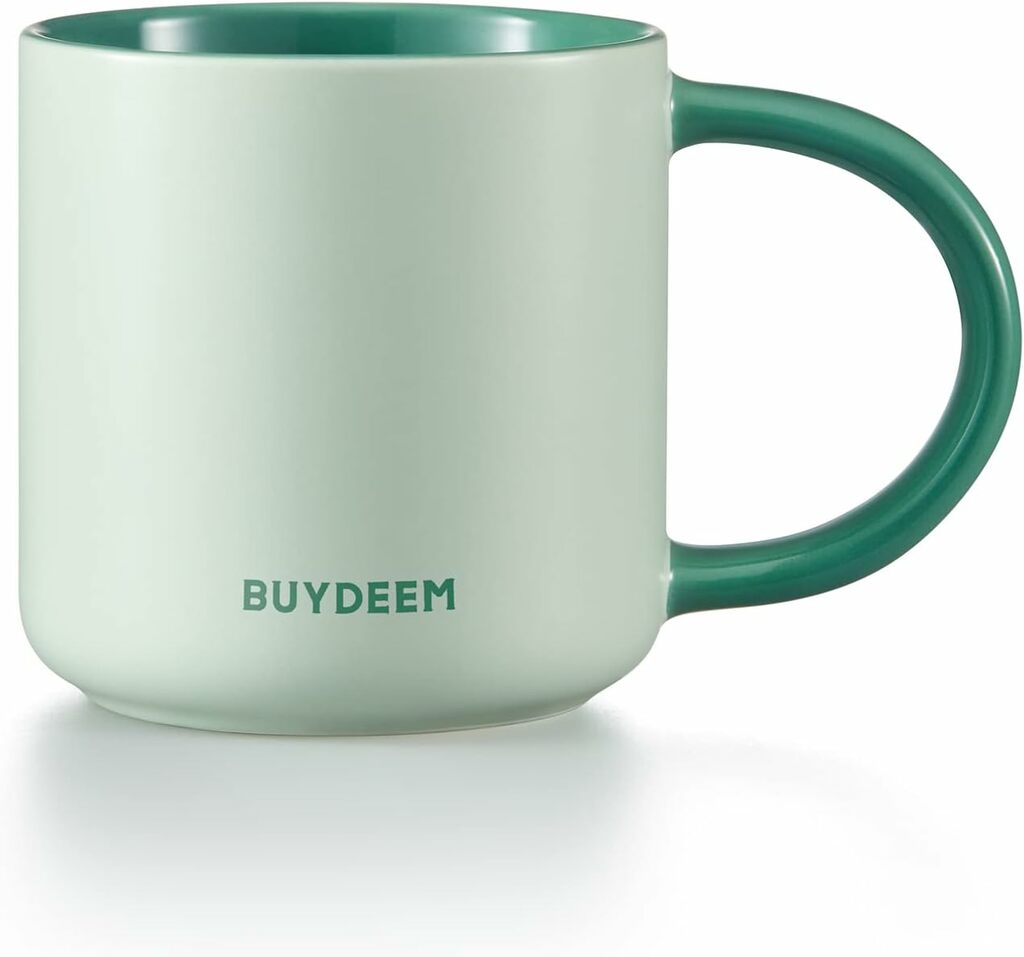 BUYDEEM Ceramic Coffee Mug, Tea Cup with Extra Wide Loop and Bottom for Office and Home, Gifts for Dad, Mother, Woman, Family, Dishwasher and Microwave Safe, 12 oz, Cozy Greenish