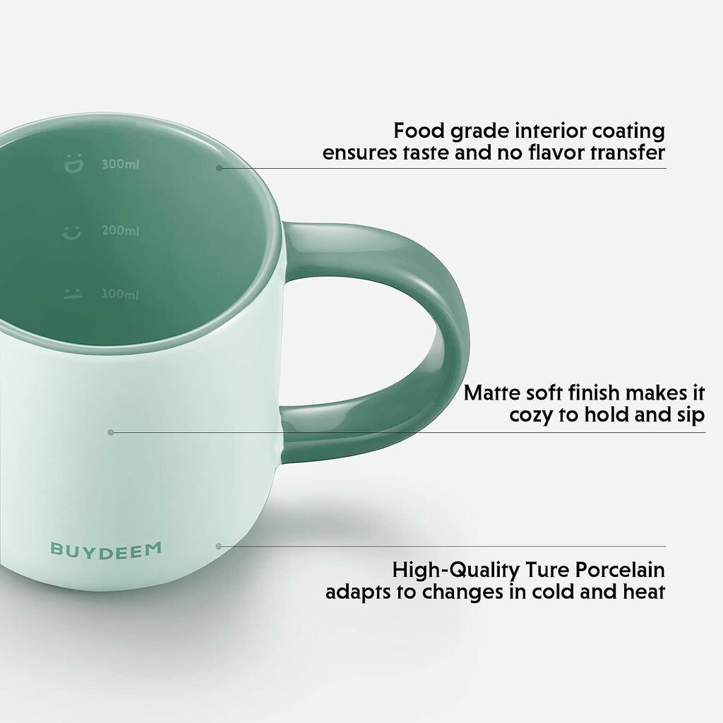 BUYDEEM Ceramic Coffee Mug, Tea Cup with Extra Wide Loop and Bottom for Office and Home, Gifts for Dad, Mother, Woman, Family, Dishwasher and Microwave Safe, 12 oz, Cozy Greenish