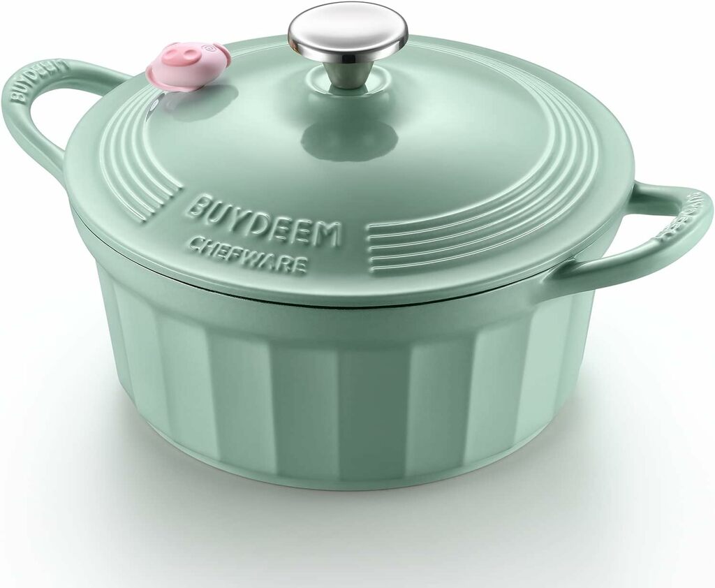 BUYDEEM 4.2 Quart Enameled Cast Iron Dutch Oven, Stylish Cupcake Design with 18/8 Stainless Steel Knob & Loop Handles, Perfect for Stewing, Roasting, Baking