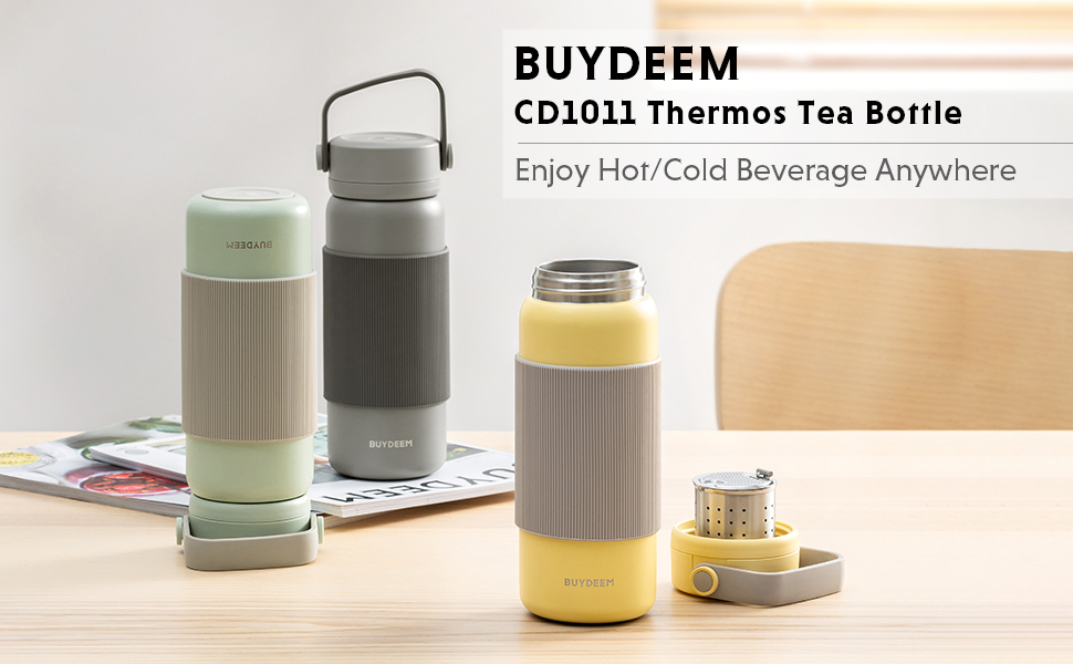 BUYDEEM CD1011 Stainless Steel Water Bottle with Removable Tea Infuser, Double Walled Vacuum Insulated Flask with Loose Tea Brewing System, Hot & Cold for Hours, 12 oz (Cozy Greenish)